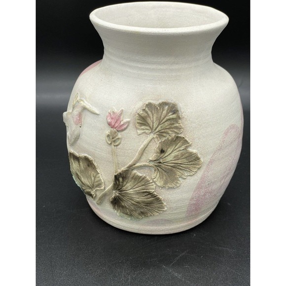 Hummingbird Art Pottery Vase Signed With Raised Floral Relief Design Signed - Picture 2 of 10
